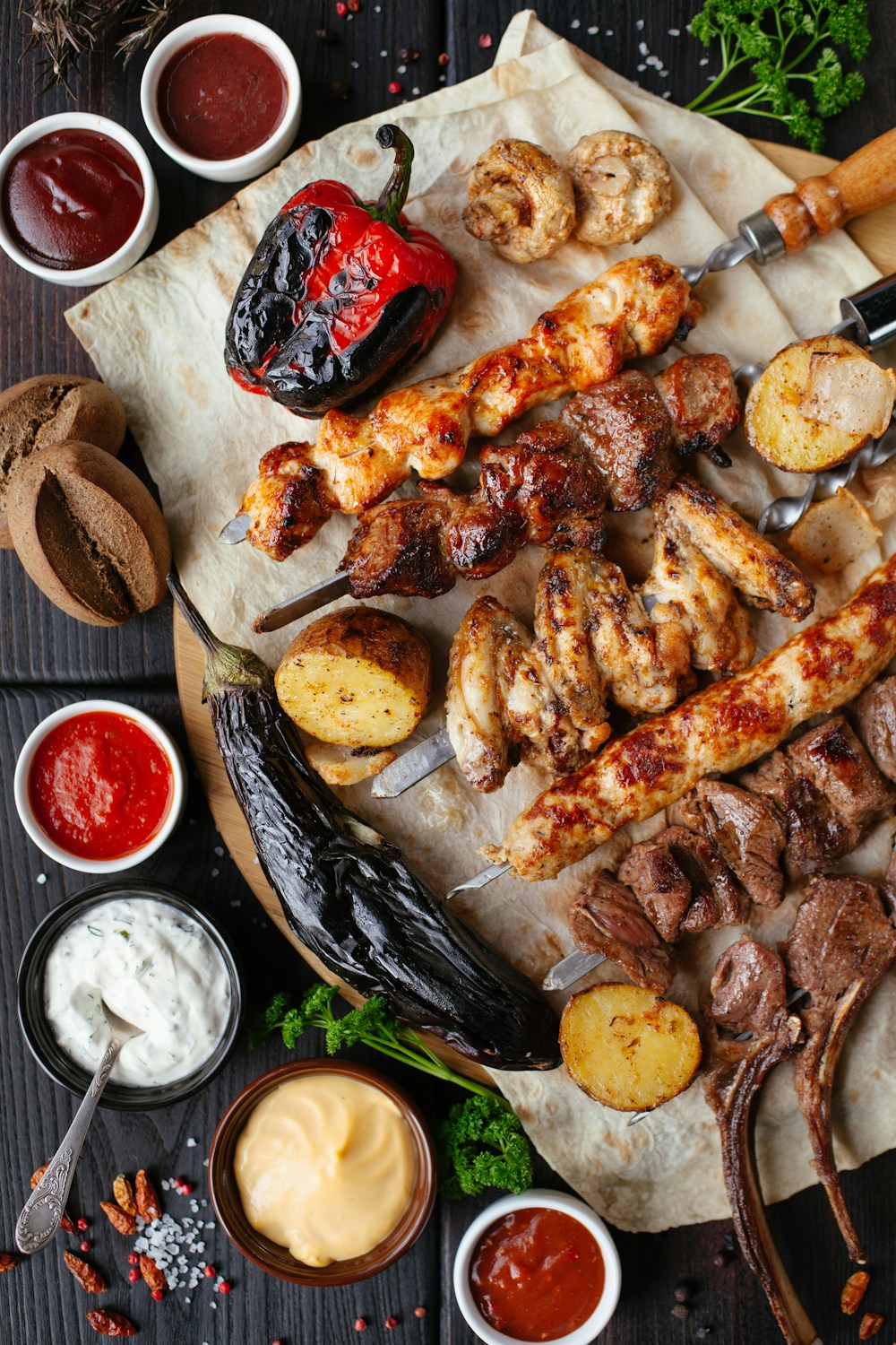 Freshly prepared food cooking over a street-food grill
